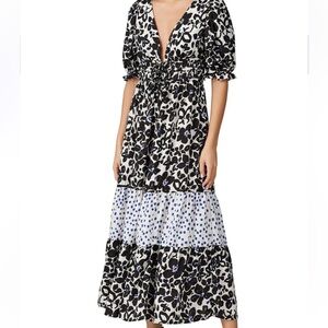 Love Whit Black White Puff Sleeve Midi Plunge Button Dress Size M Wedding Guest